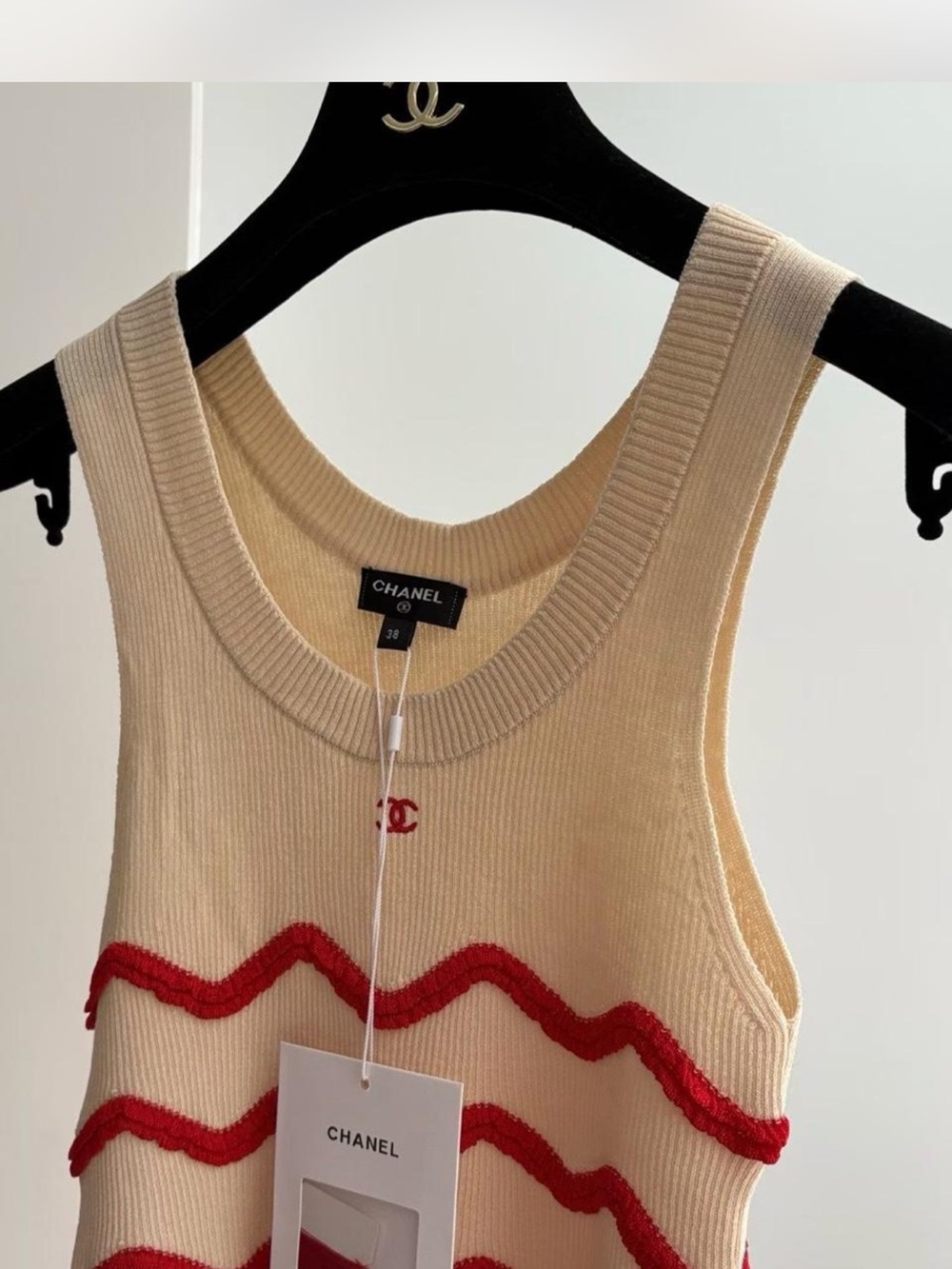 CHANEL Cream Tank Sweater with Red Wave Trim